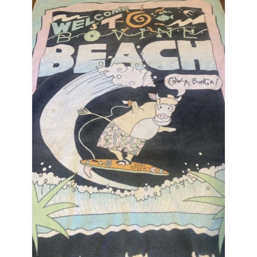 Vintage 80s Pool Towel Cows Cowabunga Chuck Nitzberg “Honolulu Heifer Sisters”